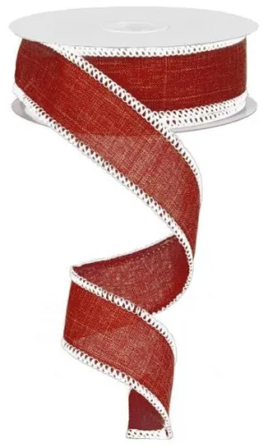 1.5" Rough Stitch Edge Ribbon: Dark Red/White - 10yds