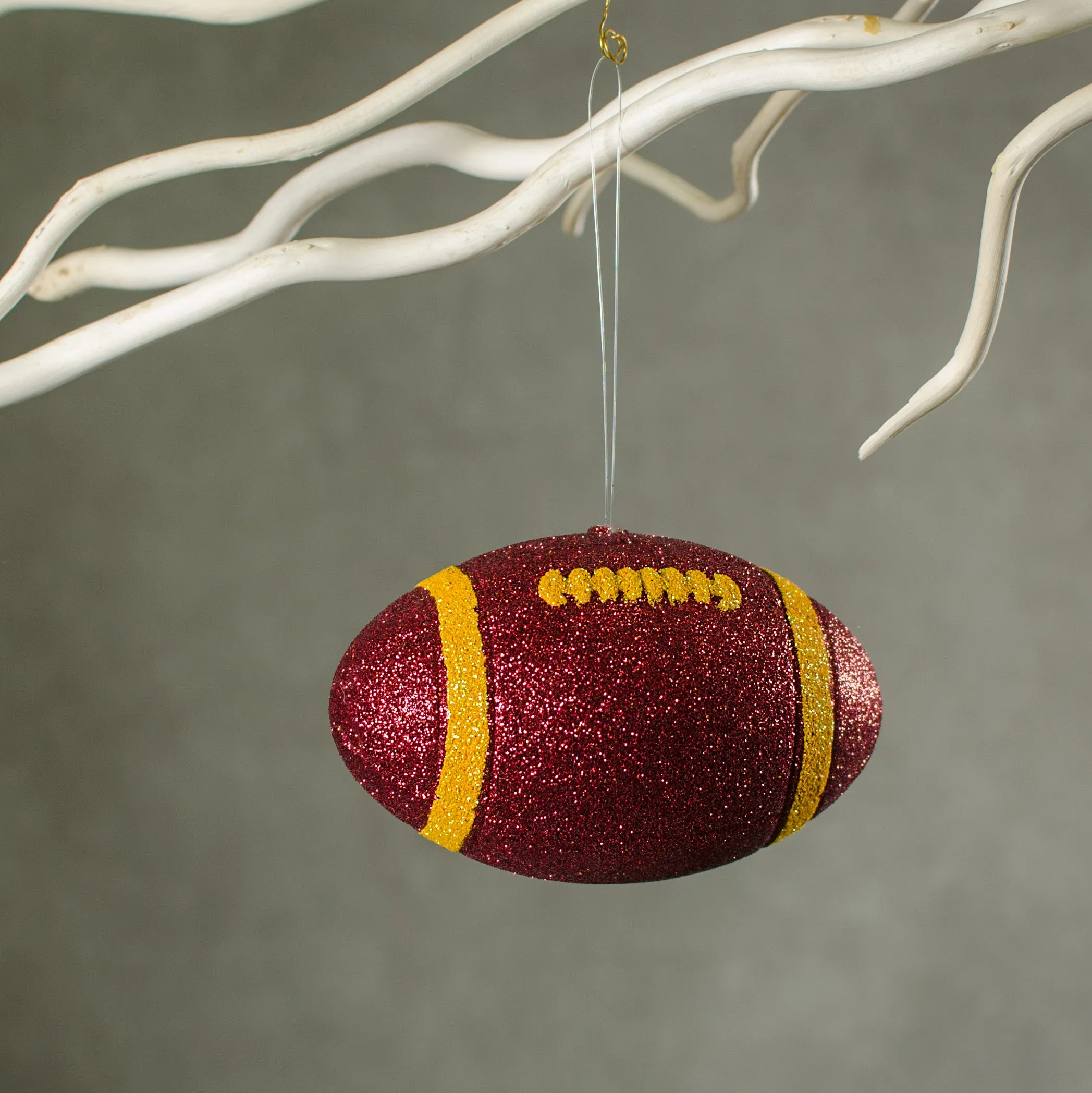 4.5" Metallic Glitter Football Ornament: Crimson Red & Yellow