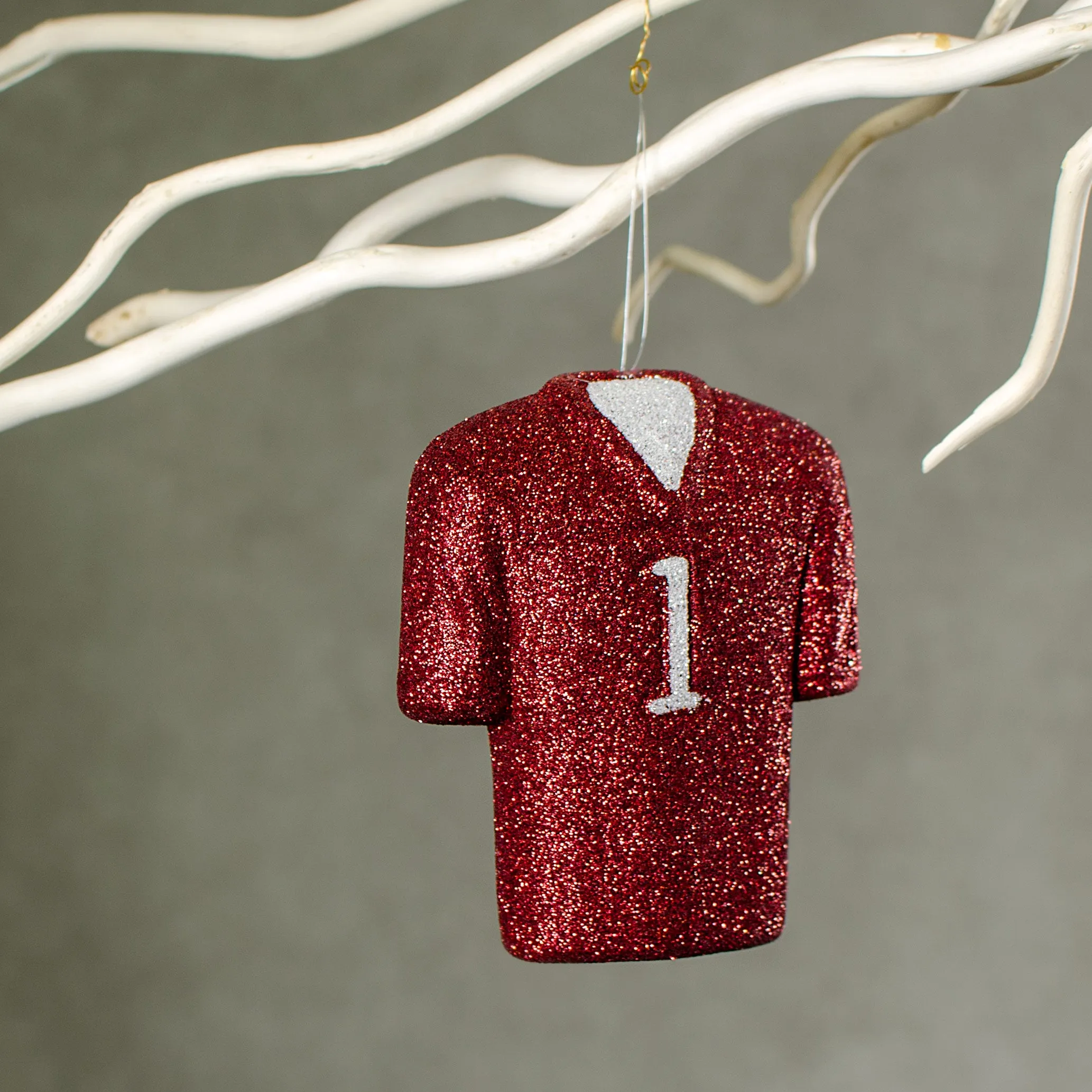 4.5" Metallic Glittered Football Jersey Ornament: Crimson Red & White