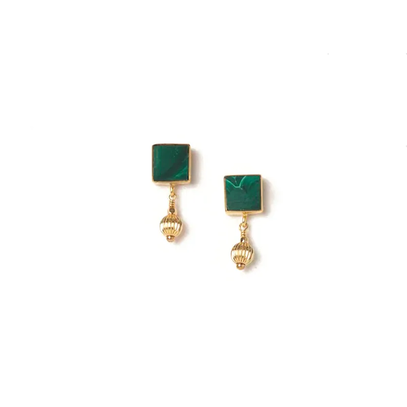 Amana Earrings - 14k Rolled Gold with Malachite by Charlotte Penman