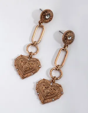 Antique Gold Heart Link Drop Earrings