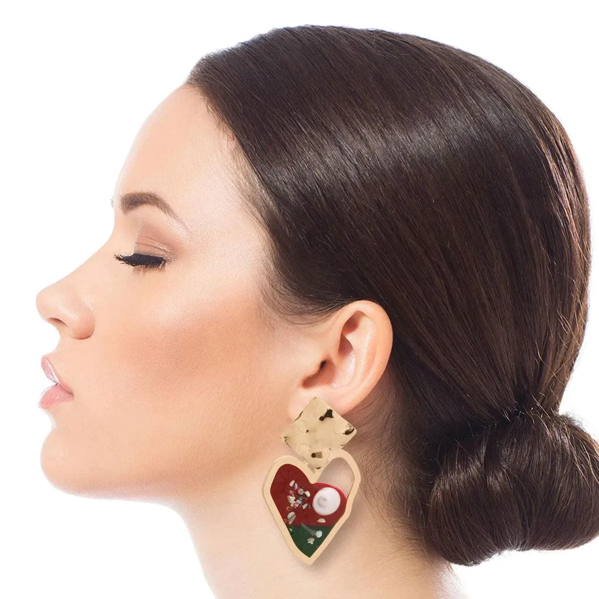 Be Bold and Beautiful: Gold & Crimson Resin Heart Earrings