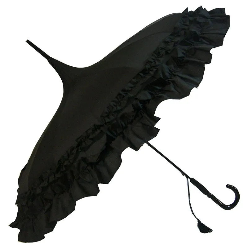 Black Frilled Pagoda Umbrella / Parasol