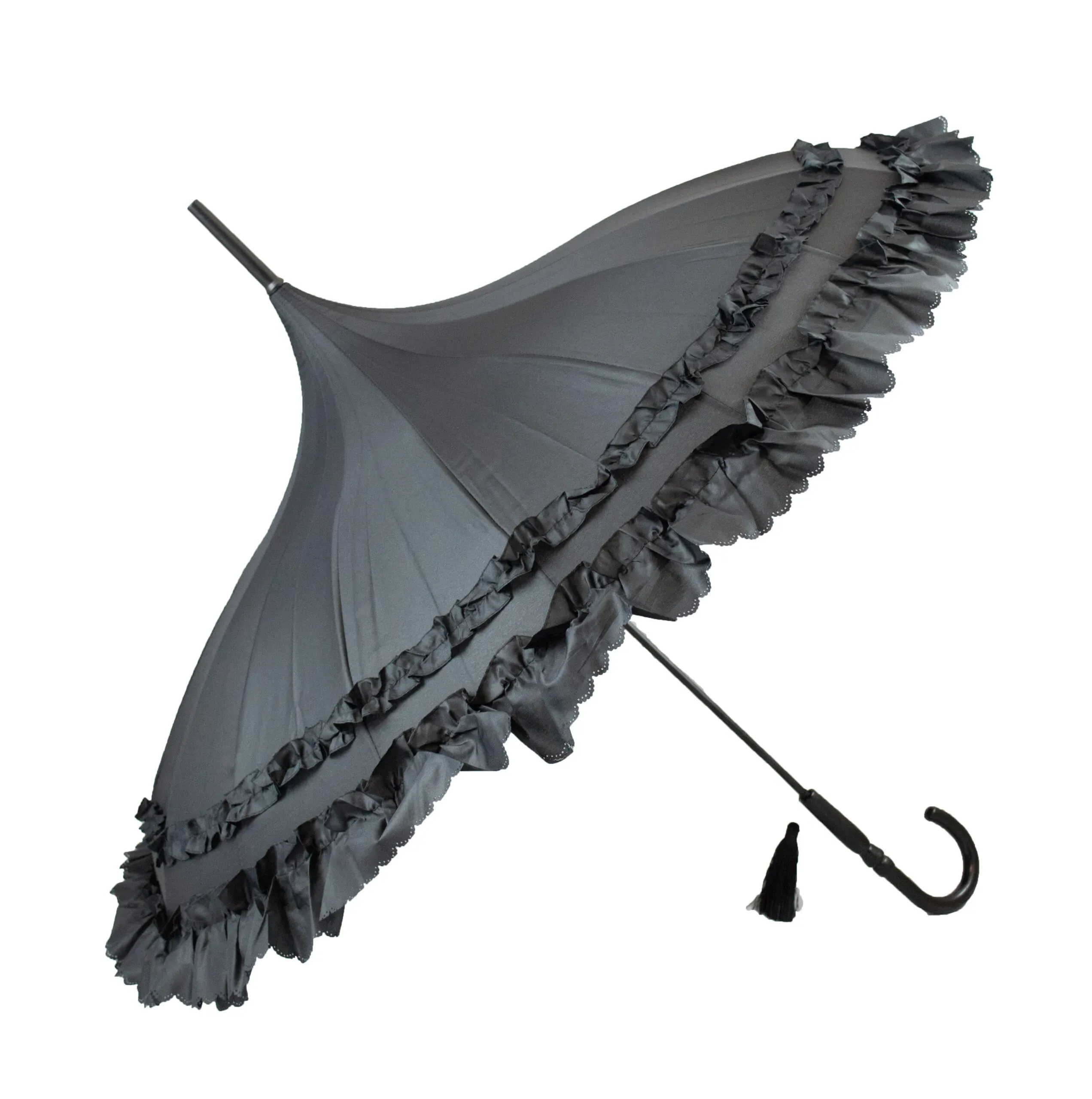 Black Frilled Pagoda Umbrella / Parasol