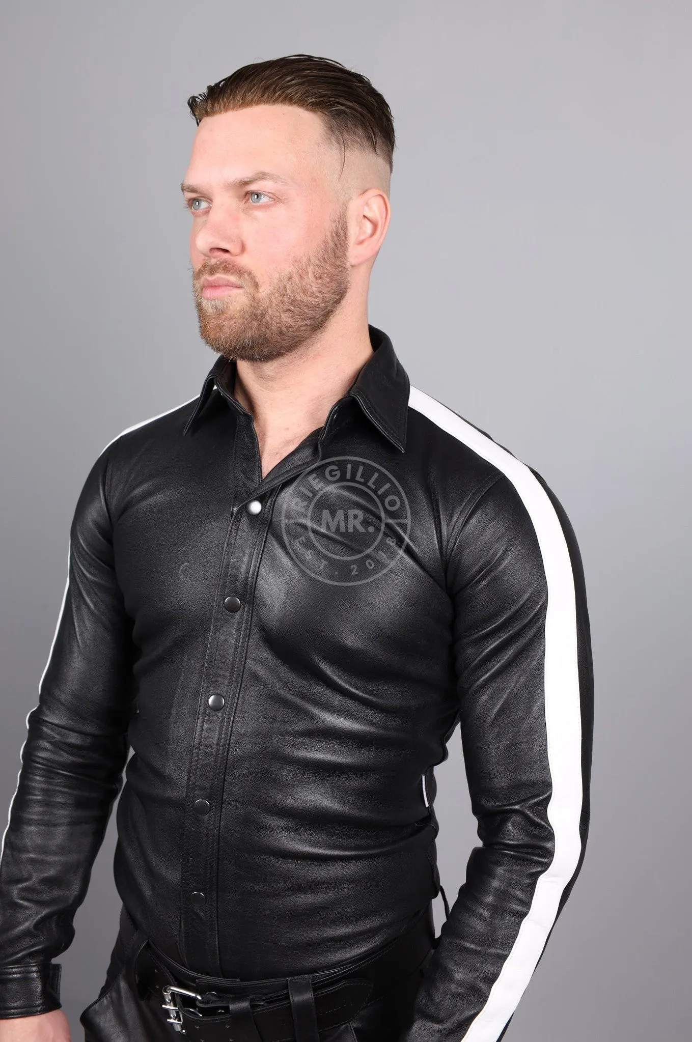 Black Leather Shirt Long Sleeves - White Taping