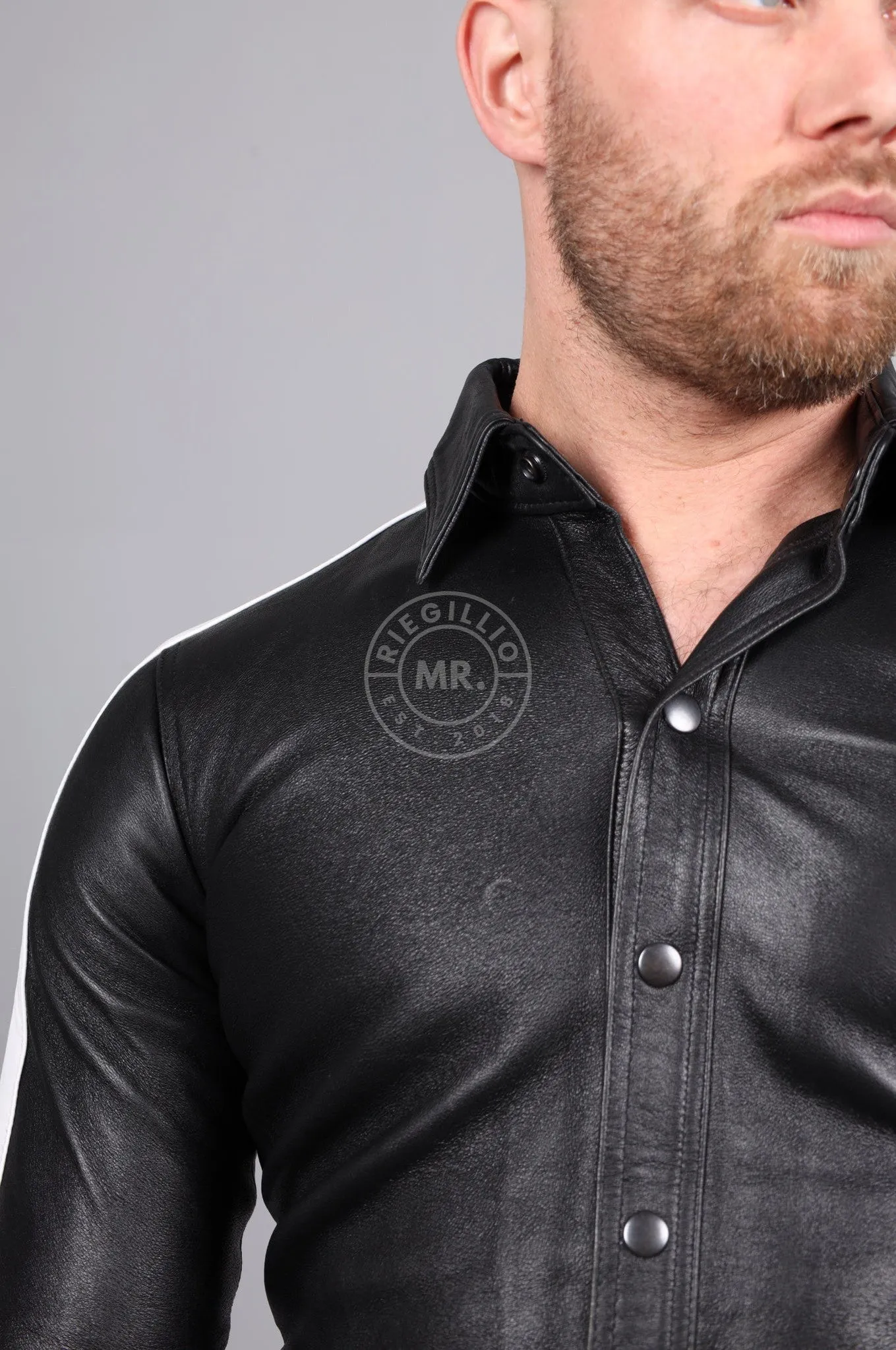 Black Leather Shirt Long Sleeves - White Taping