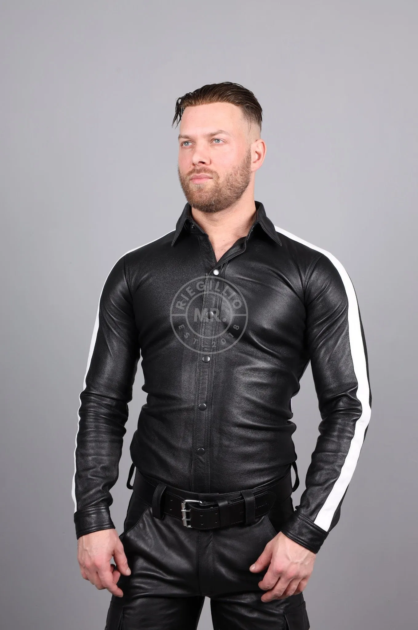 Black Leather Shirt Long Sleeves - White Taping