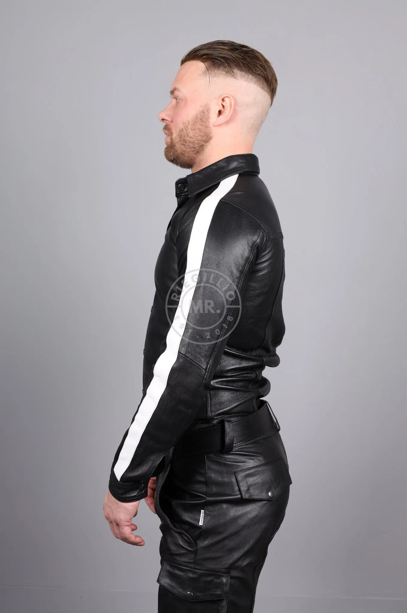 Black Leather Shirt Long Sleeves - White Taping