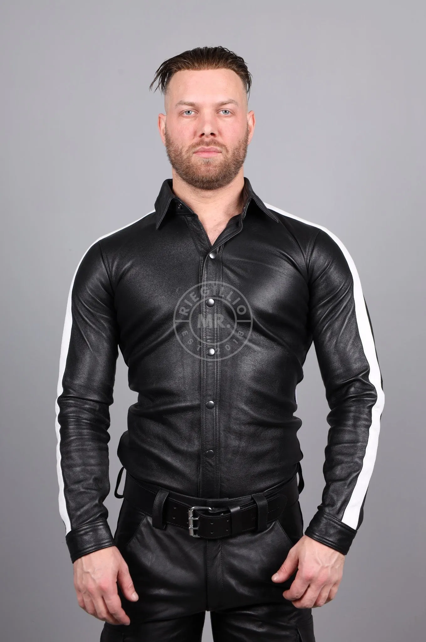 Black Leather Shirt Long Sleeves - White Taping