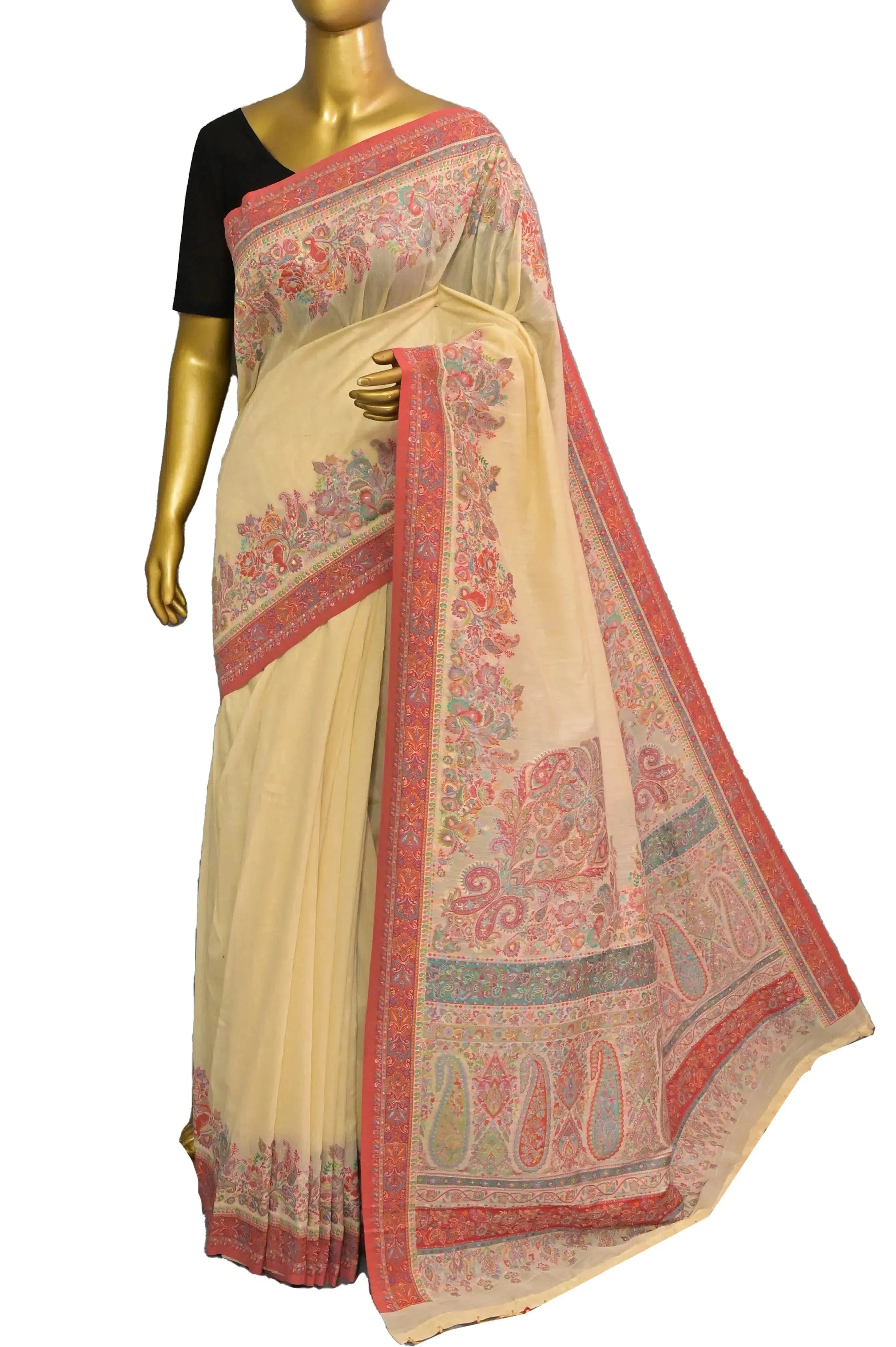 Captivating Ivory & Crimson Red Kani Silk Saree