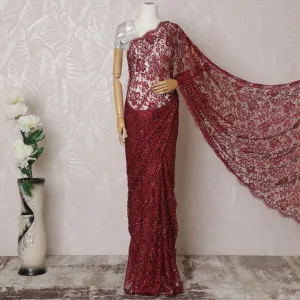 Crimson red Premium pure French chantilly lace saree having stone work in floral design-D14594