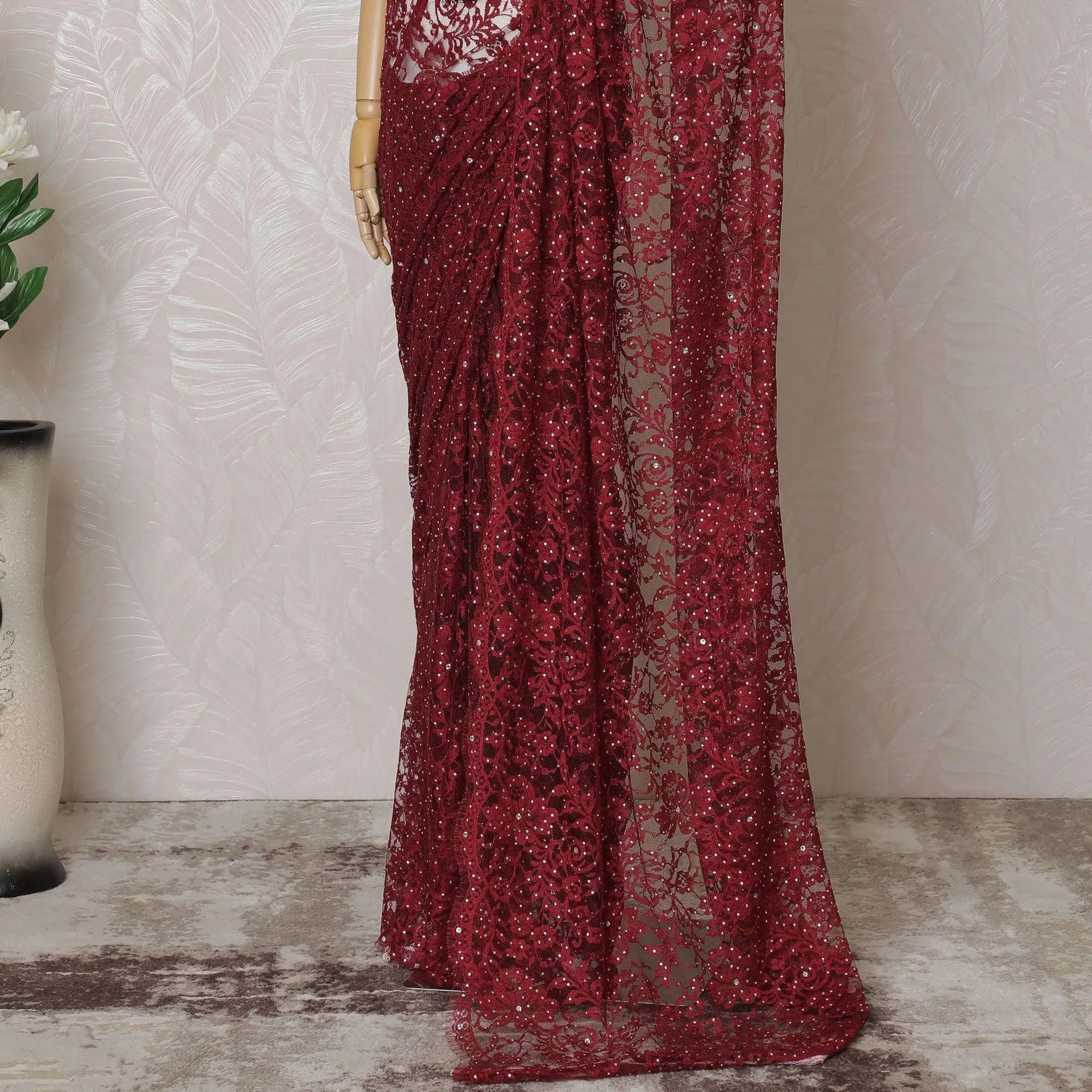 Crimson red Premium pure French chantilly lace saree having stone work in floral design-D14594