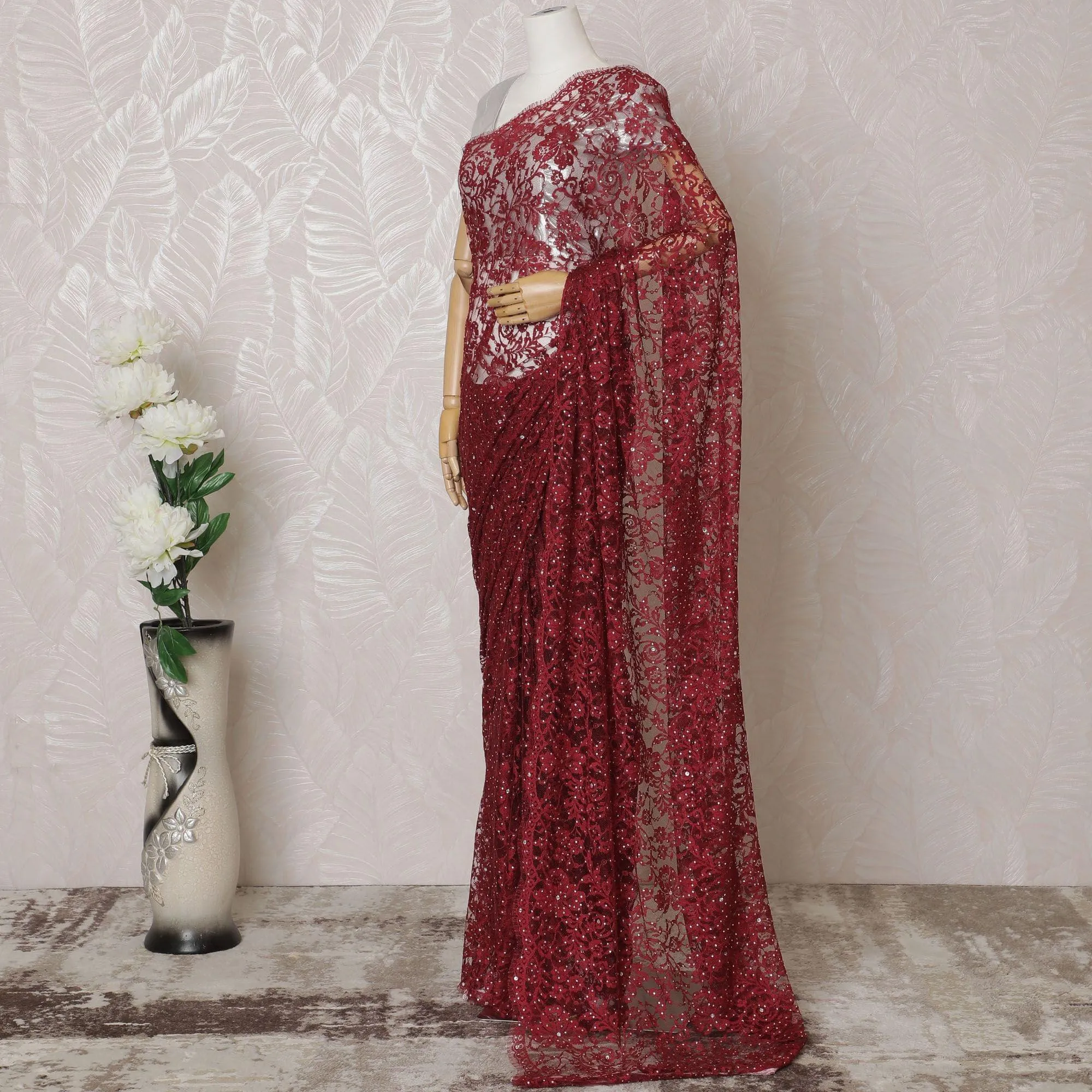 Crimson red Premium pure French chantilly lace saree having stone work in floral design-D14594