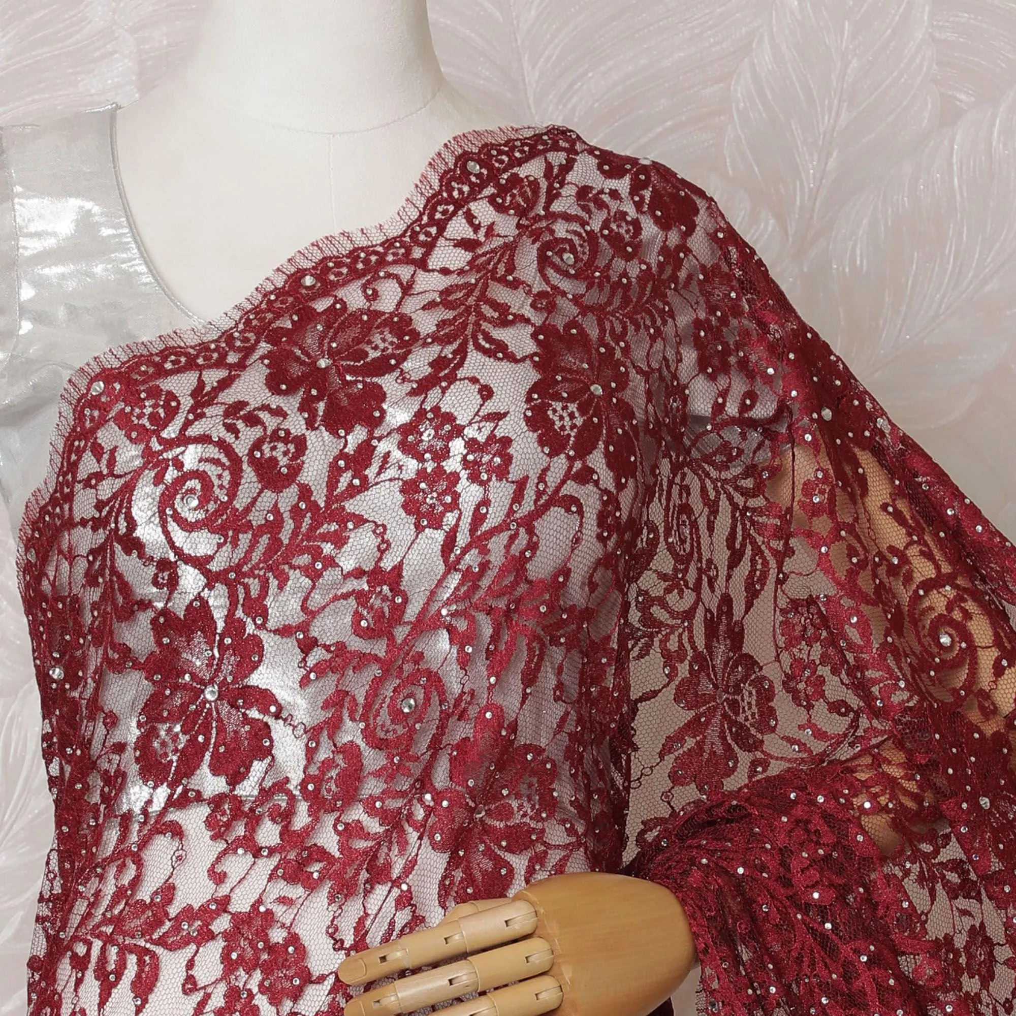 Crimson red Premium pure French chantilly lace saree having stone work in floral design-D14594