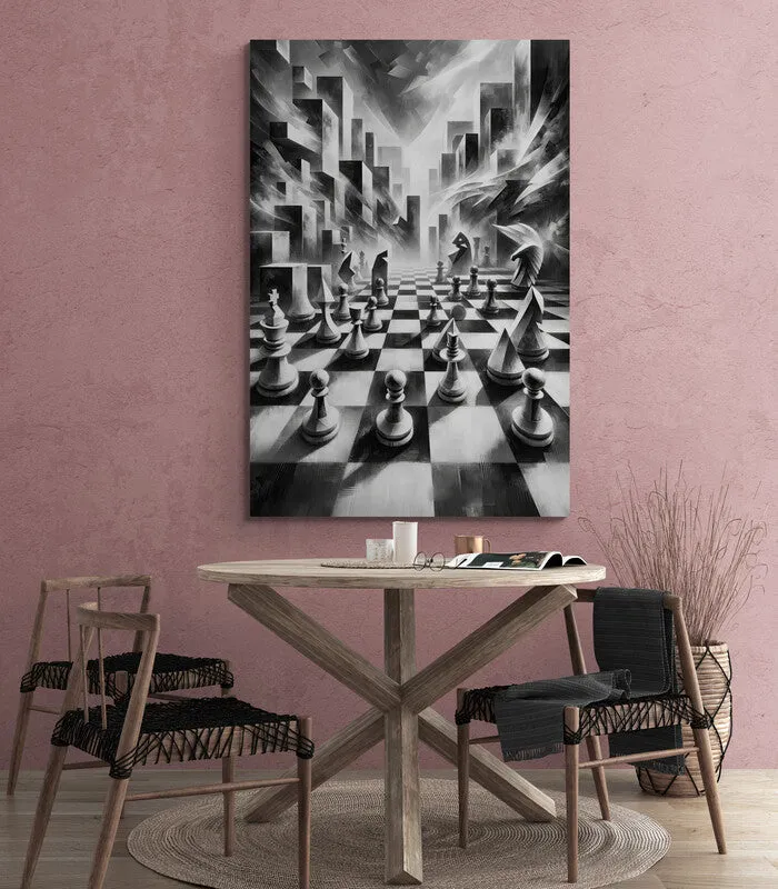 Cubist Chess: Monochromatic Wall Art - canvas