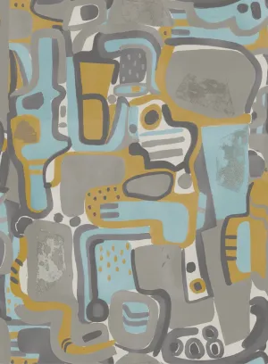 Cubist Jigsaw Wallpaper - Mustard   Blue