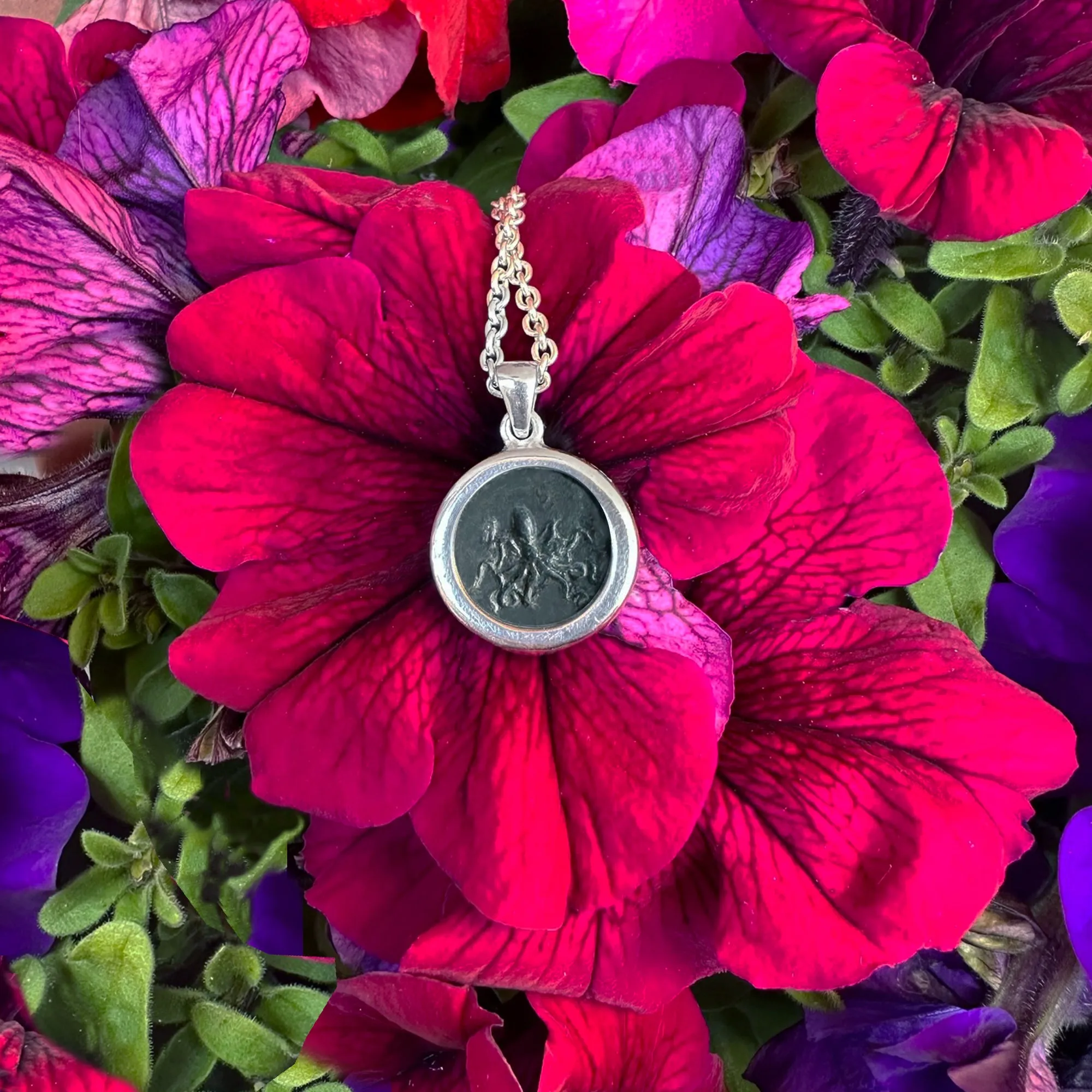 Genuine Greek bronze coin silver pendant depicting an octopus; Arethusa head with a dolphin in the back