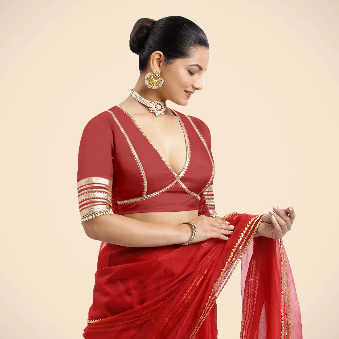 Nafeeza x Tyohaar | Crimson Red Embellished Elbow Sleeves FlexiFit™ Saree Blouse with Plunging V Neckline with Tasteful Golden Gota Lace