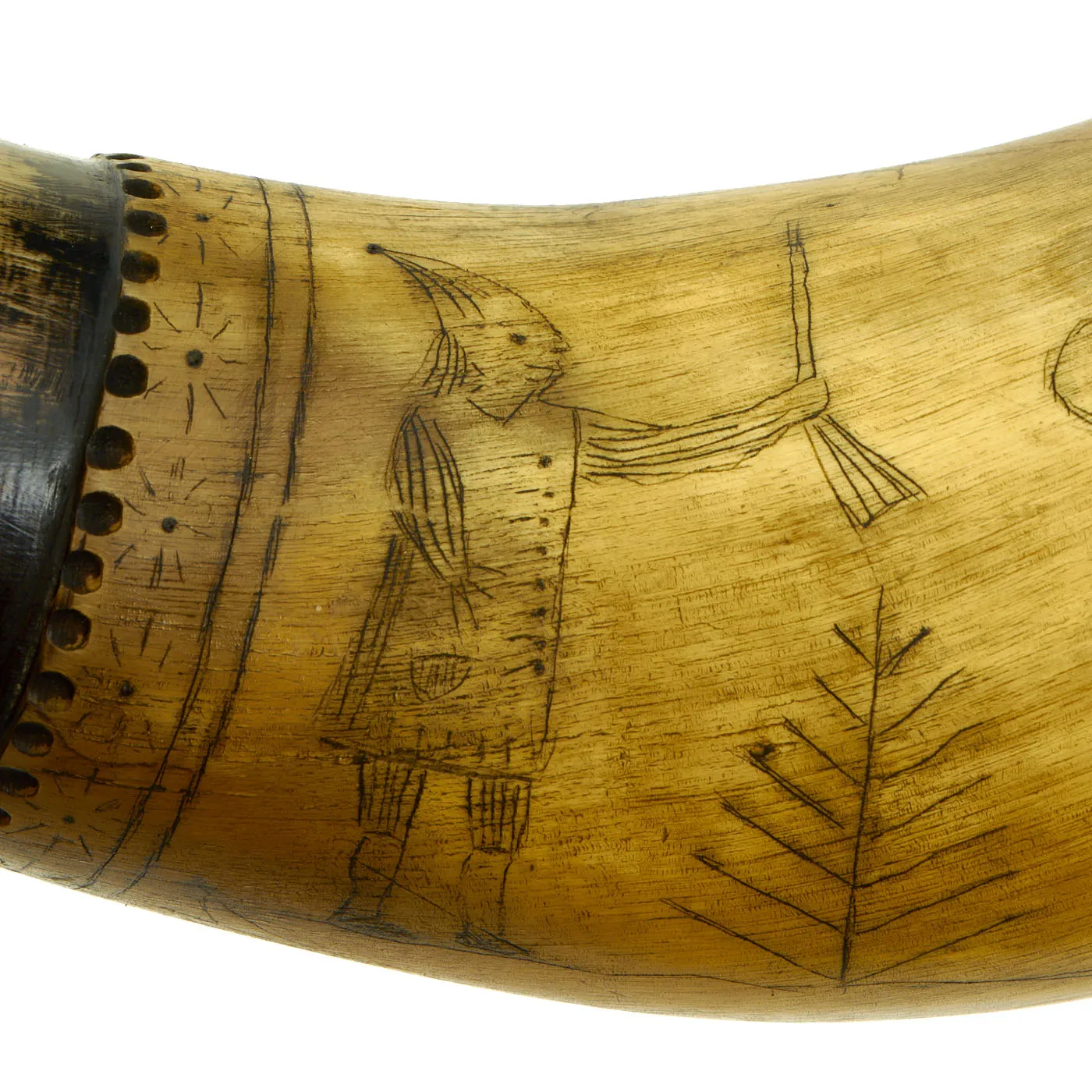 Original U.S. Colonial Era Powder Horn dated 1759 Showing Many Engraved Designs from French & Indian to Revolutionary War Eras