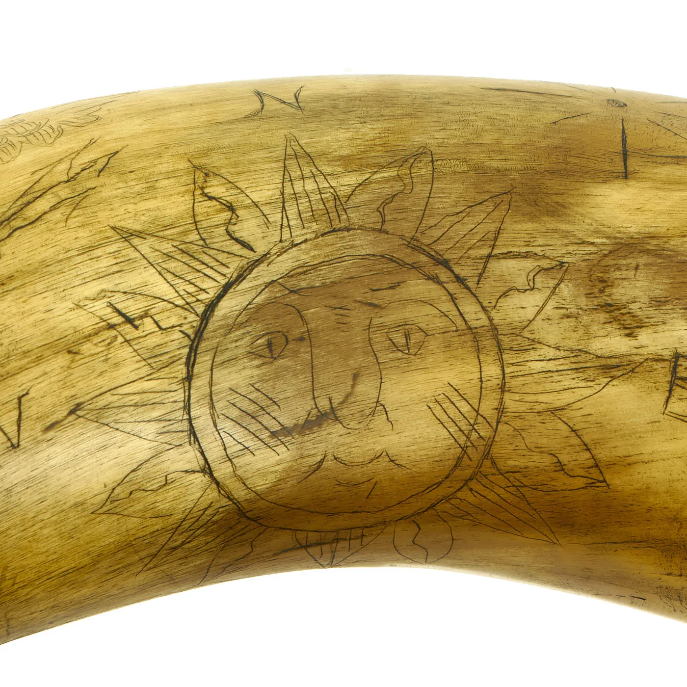 Original U.S. Colonial Era Powder Horn dated 1759 Showing Many Engraved Designs from French & Indian to Revolutionary War Eras