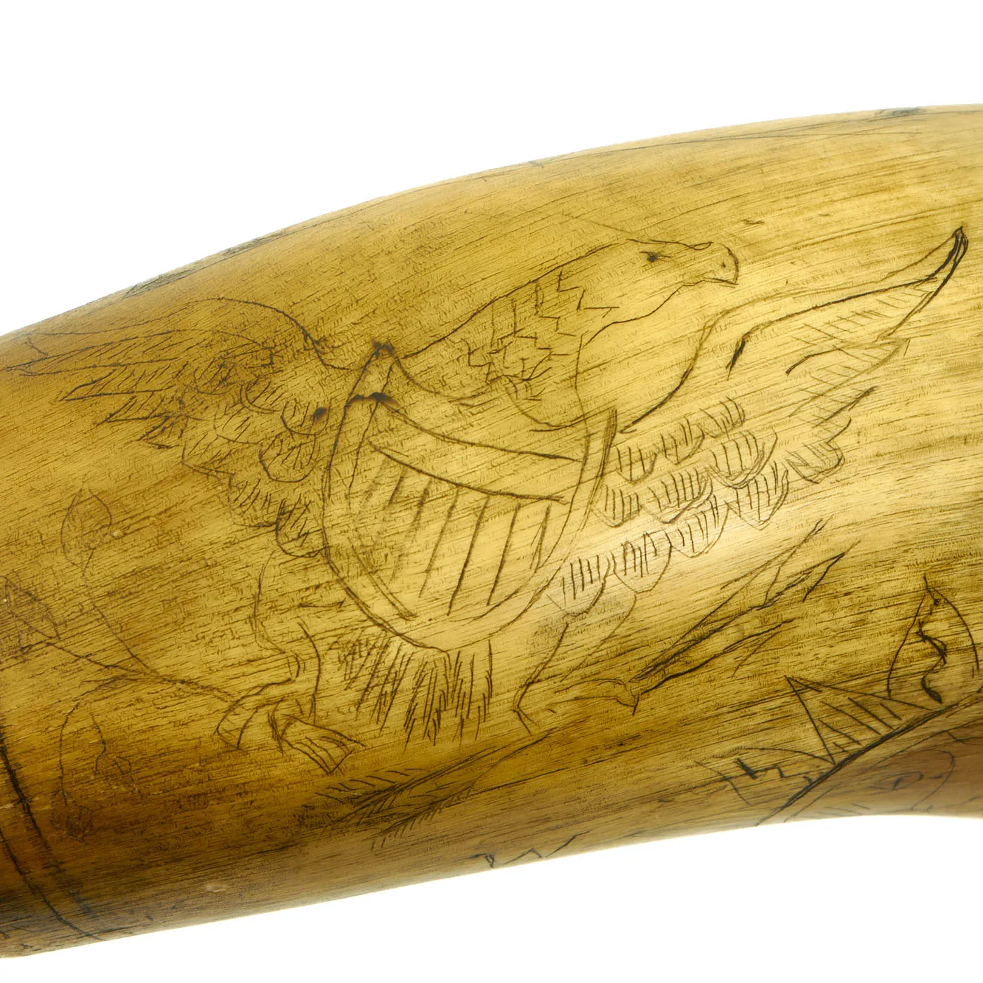 Original U.S. Colonial Era Powder Horn dated 1759 Showing Many Engraved Designs from French & Indian to Revolutionary War Eras