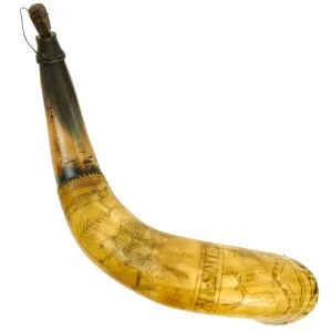 Original U.S. Colonial Era Powder Horn dated 1759 Showing Many Engraved Designs from French & Indian to Revolutionary War Eras