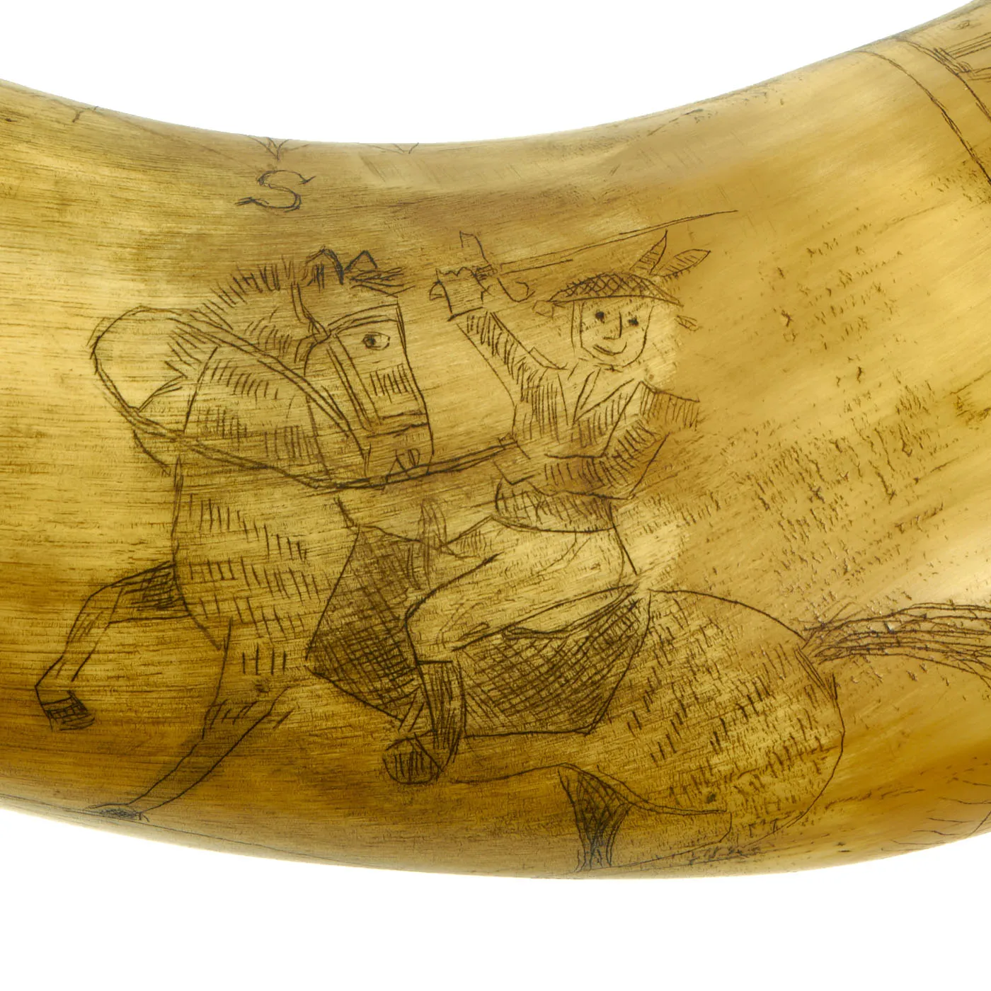 Original U.S. Colonial Era Powder Horn dated 1759 Showing Many Engraved Designs from French & Indian to Revolutionary War Eras