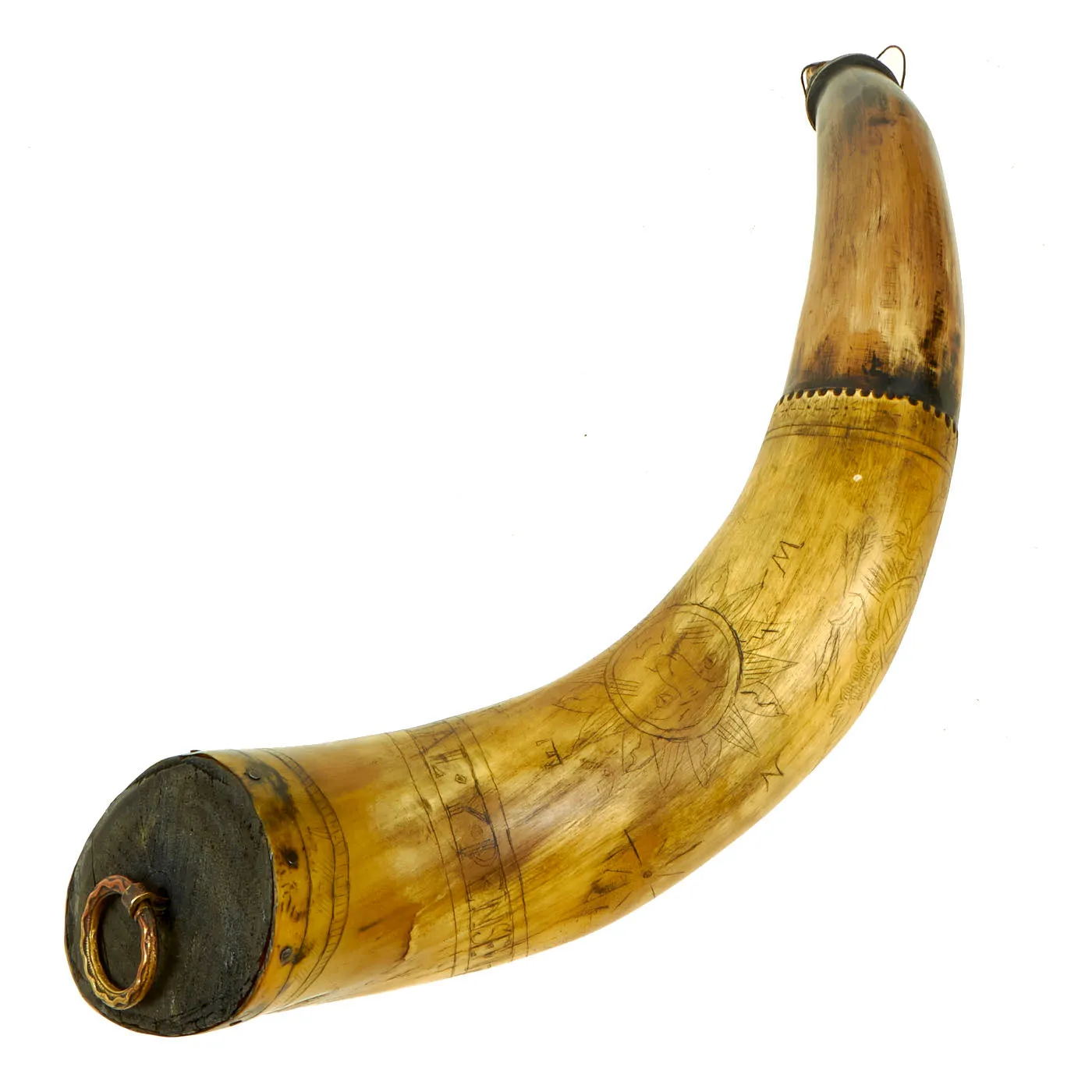 Original U.S. Colonial Era Powder Horn dated 1759 Showing Many Engraved Designs from French & Indian to Revolutionary War Eras