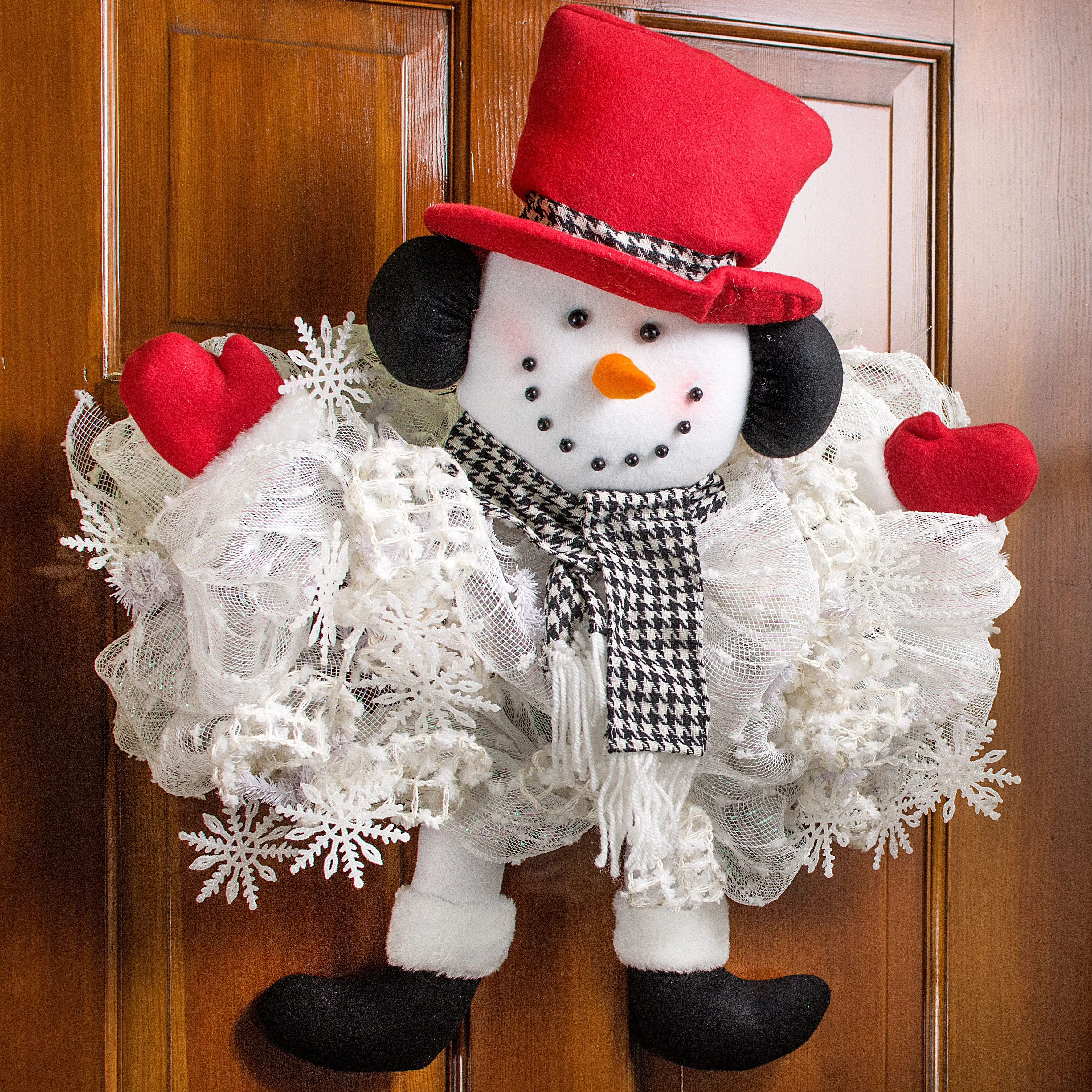 Plush Snowman Wreath Accent: Crimson & Houndstooth