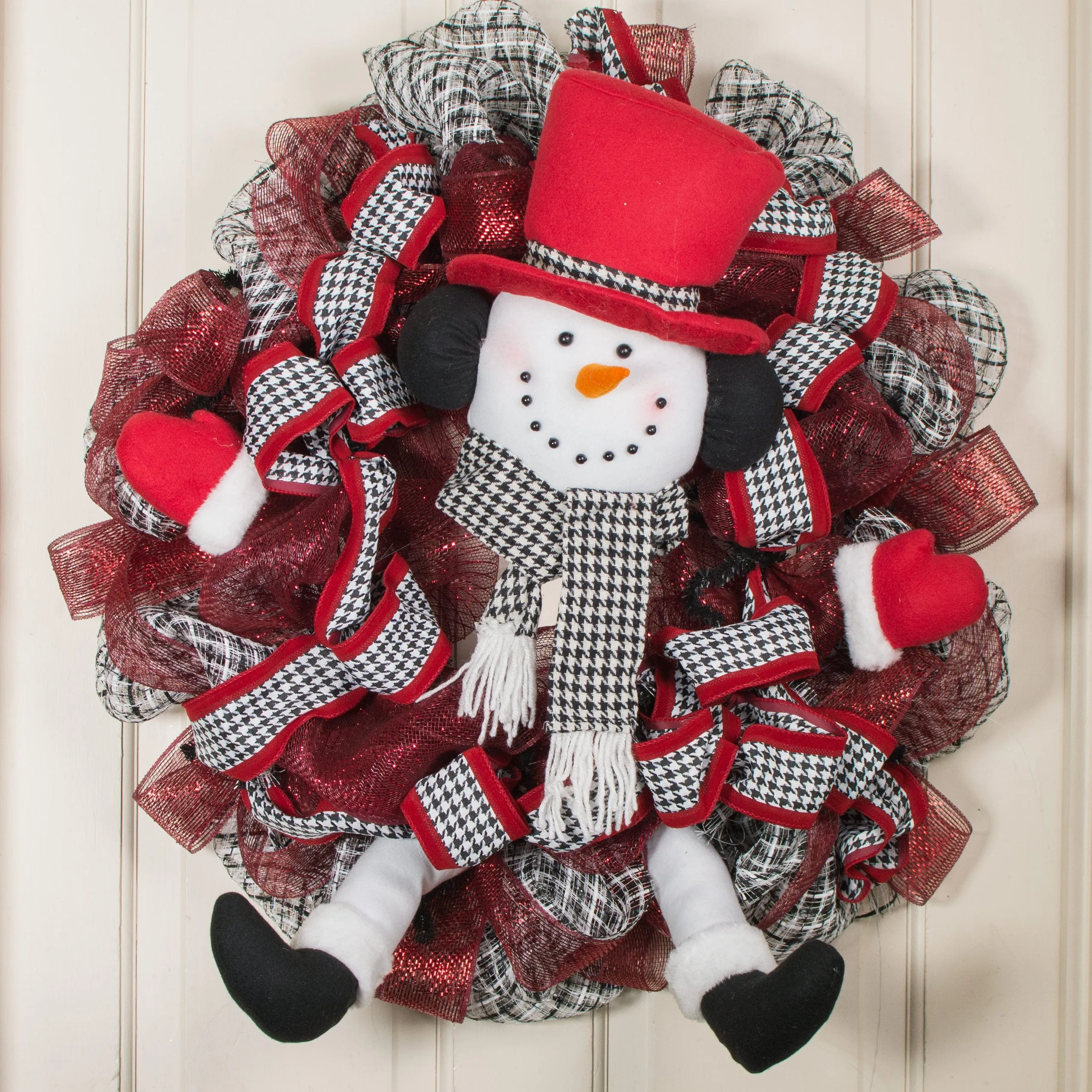 Plush Snowman Wreath Accent: Crimson & Houndstooth