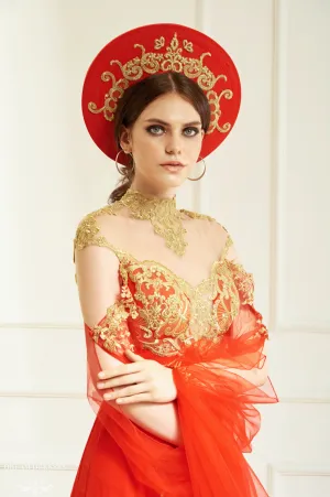 Red and Gold Ao Dai Hat | Vietnamese Bridal Hat (#KARA)