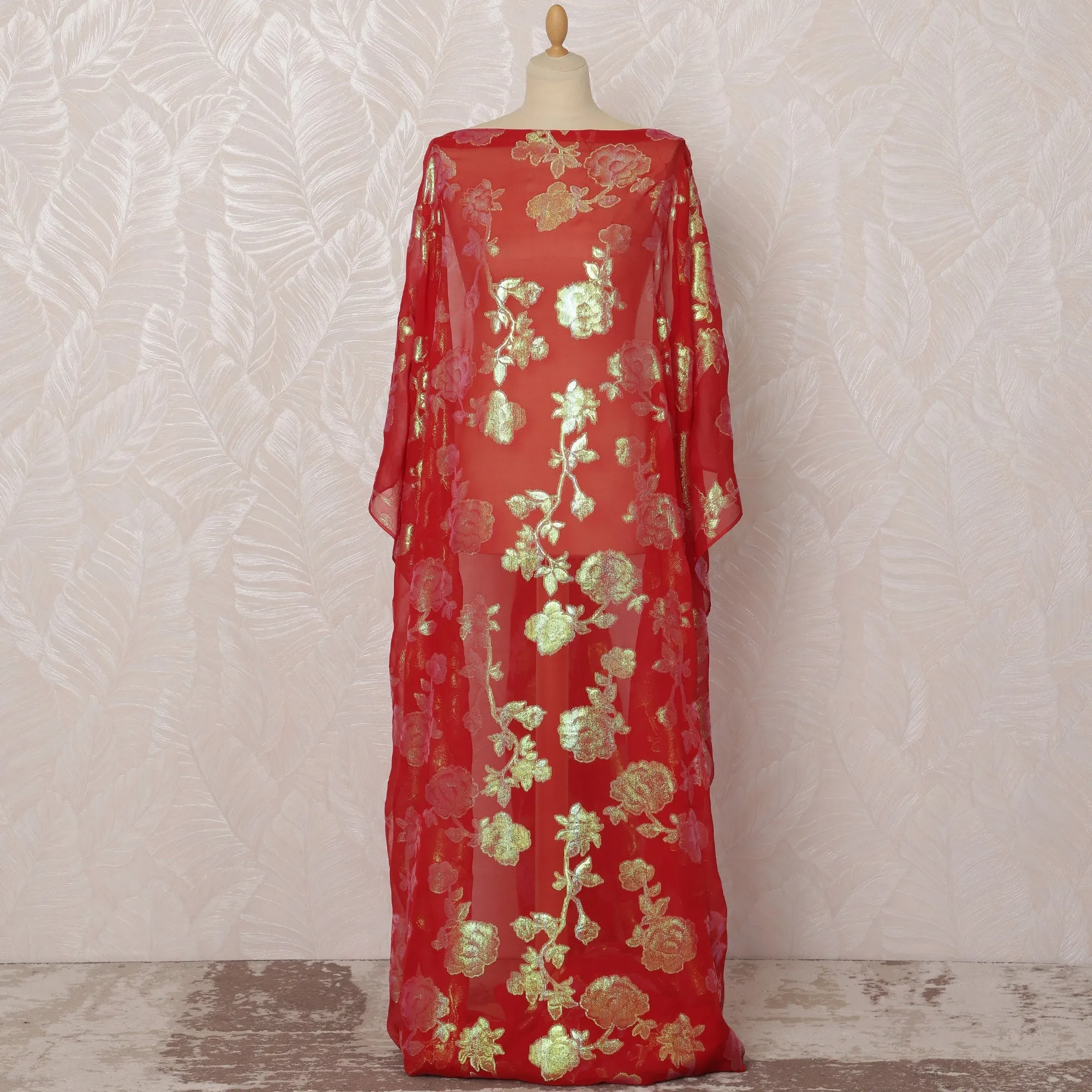 Red and Gold Floral Silk Chiffon Dirac Fabric with Metallic Lurex, 3.5 Meters, 140 cm Width-D20803